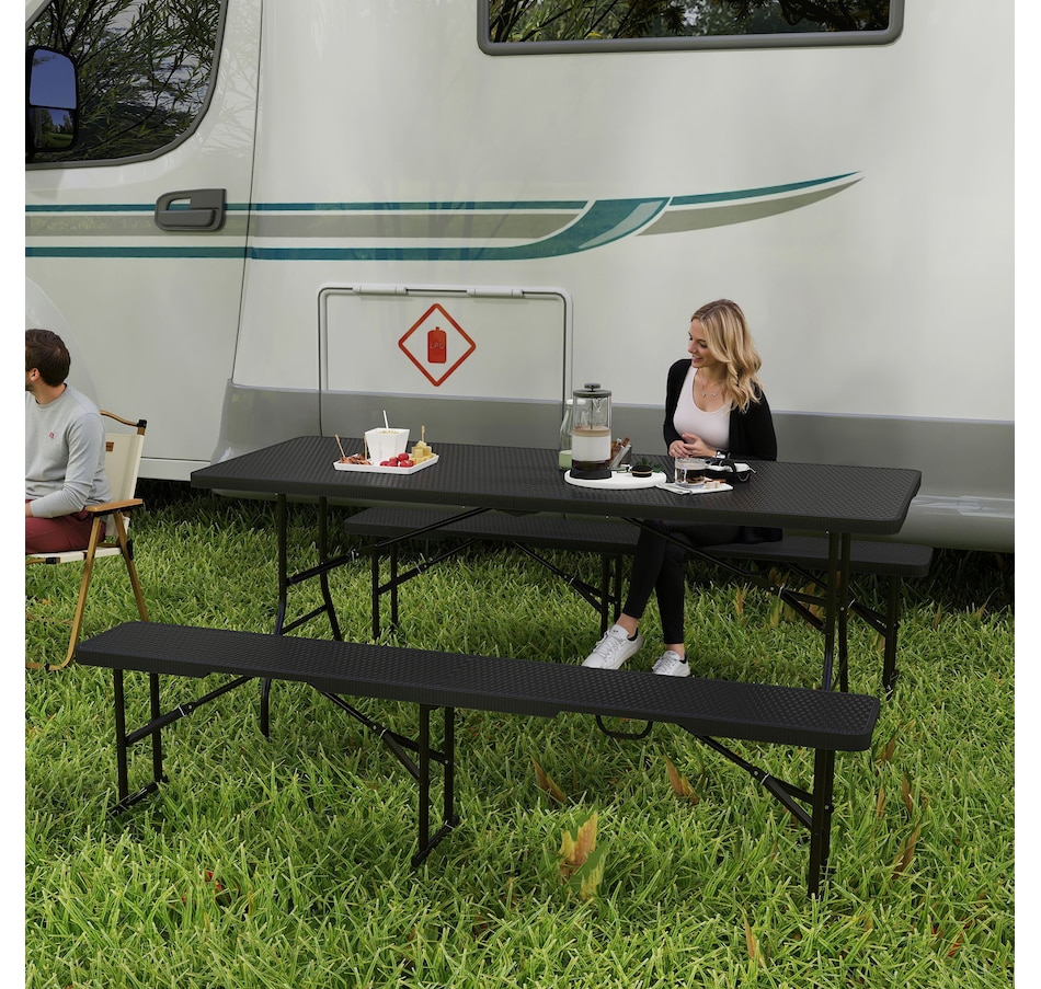 Image 968816_ALTMORE2.jpg, Product 968-816 / Price $179.99, Outsunny 6FT 3-Piece Faux Rattan Folding Picnic Table w/ 2 Benches, Black from Outsunny on TSC.ca's Health & Fitness department