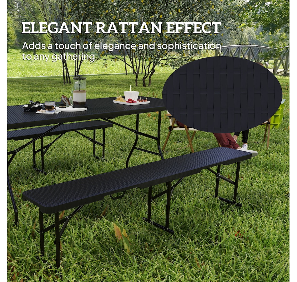 Image 968816_ALTMORE4.jpg, Product 968-816 / Price $179.99, Outsunny 6FT 3-Piece Faux Rattan Folding Picnic Table w/ 2 Benches, Black from Outsunny on TSC.ca's Health & Fitness department
