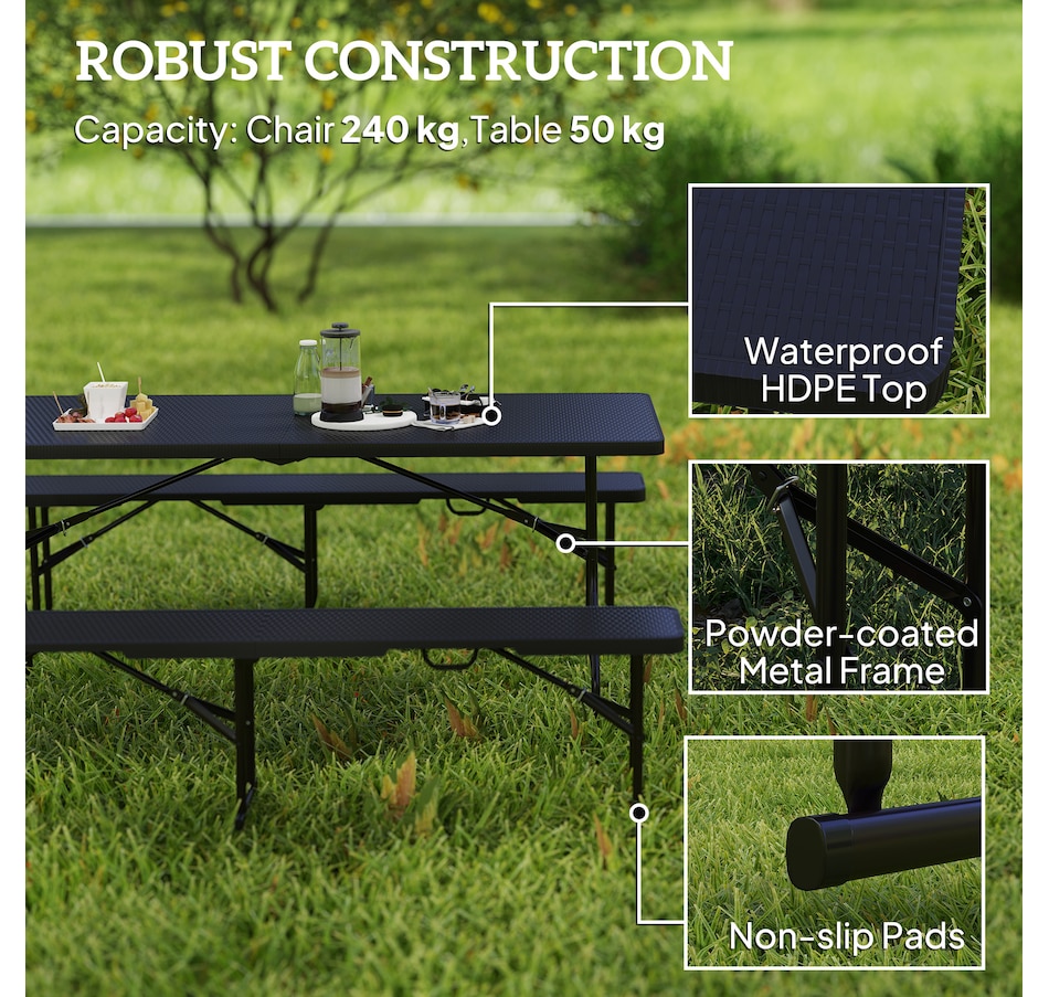 Image 968816_ALTMORE5.jpg, Product 968-816 / Price $179.99, Outsunny 6FT 3-Piece Faux Rattan Folding Picnic Table w/ 2 Benches, Black from Outsunny on TSC.ca's Health & Fitness department