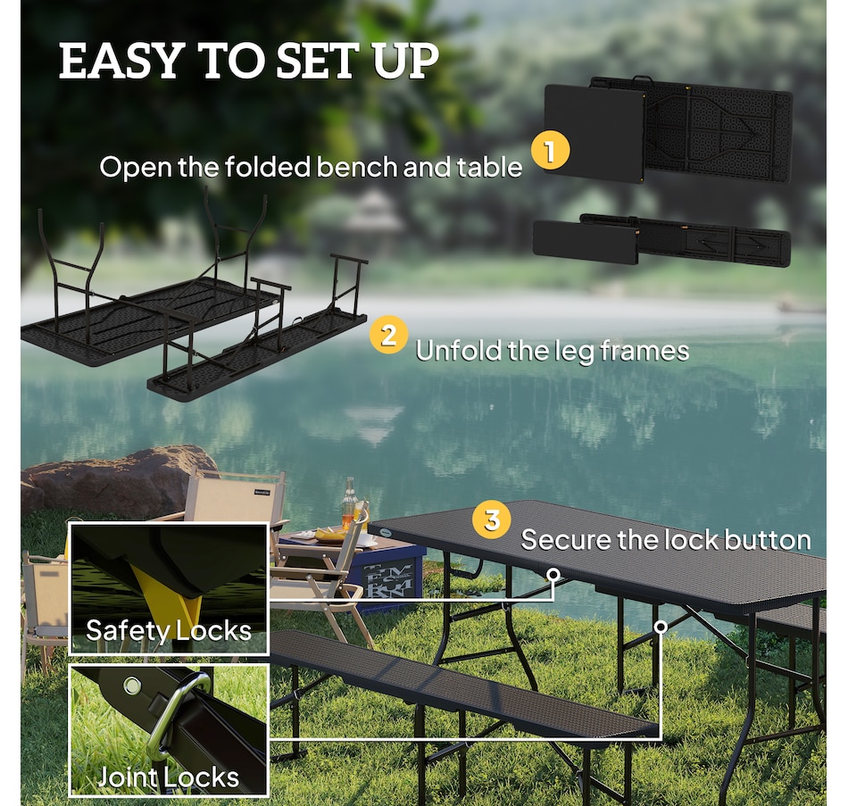 Image 968816_ALTMORE7.jpg, Product 968-816 / Price $179.99, Outsunny 6FT 3-Piece Faux Rattan Folding Picnic Table w/ 2 Benches, Black from Outsunny on TSC.ca's Health & Fitness department