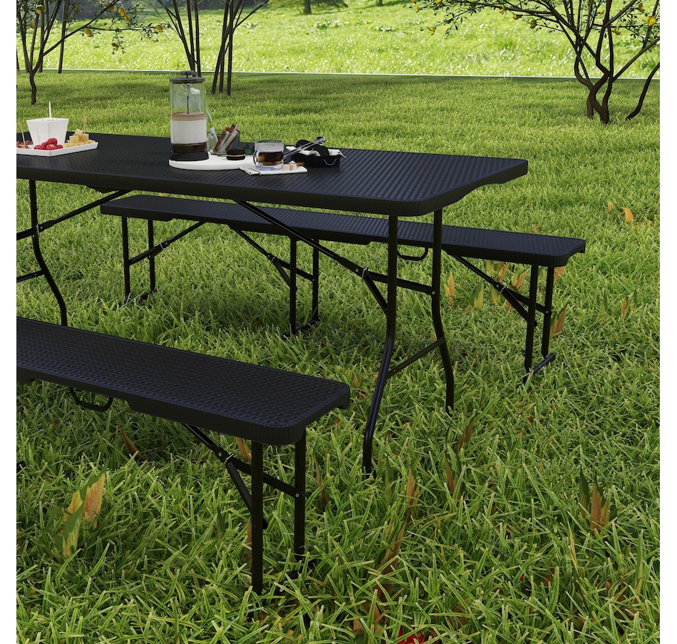 Image 968816_ALTMORE8.jpg, Product 968-816 / Price $179.99, Outsunny 6FT 3-Piece Faux Rattan Folding Picnic Table w/ 2 Benches, Black from Outsunny on TSC.ca's Health & Fitness department