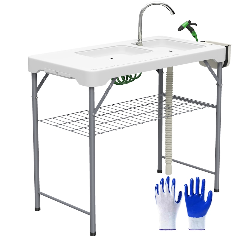 Image 968829.jpg, Product 968-829 / Price $139.99, Outsunny Folding Fish Cleaning Table Camping Table with Sinks Faucet, White from Outsunny on TSC.ca's Health & Fitness department