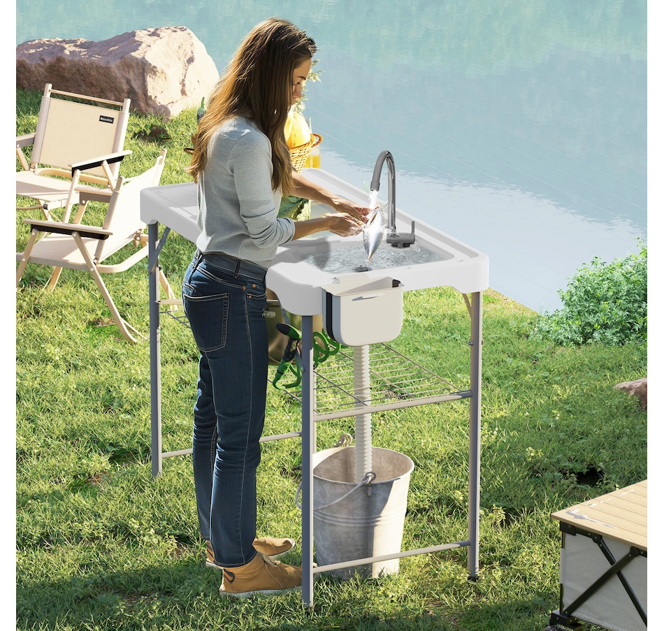 Image 968829_ALTMORE2.jpg, Product 968-829 / Price $139.99, Outsunny Folding Fish Cleaning Table Camping Table with Sinks Faucet, White from Outsunny on TSC.ca's Health & Fitness department