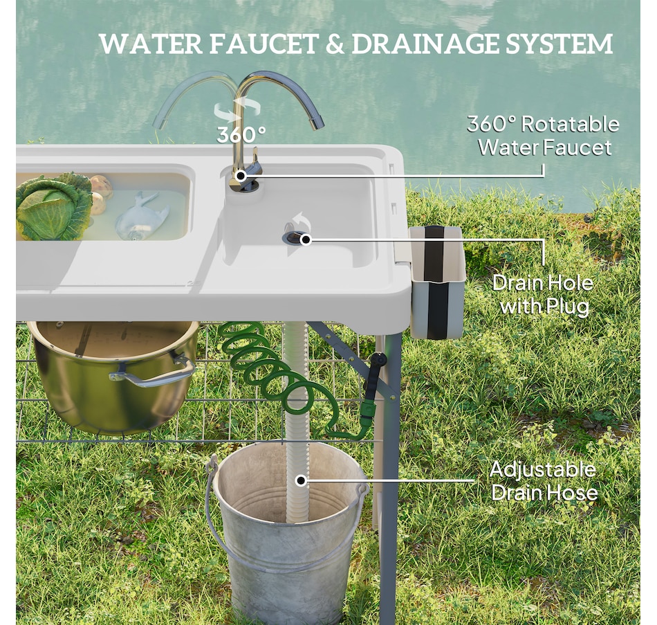 Image 968829_ALTMORE4.jpg, Product 968-829 / Price $139.99, Outsunny Folding Fish Cleaning Table Camping Table with Sinks Faucet, White from Outsunny on TSC.ca's Health & Fitness department