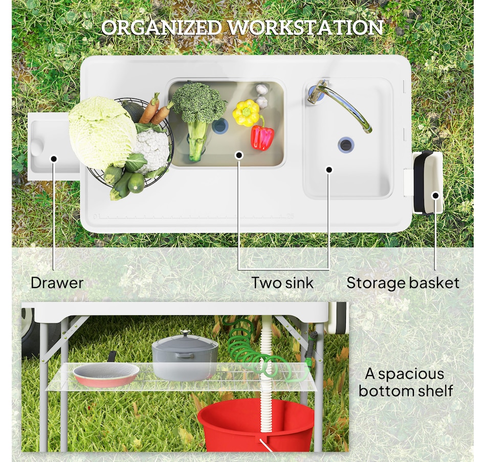 Image 968829_ALTMORE6.jpg, Product 968-829 / Price $139.99, Outsunny Folding Fish Cleaning Table Camping Table with Sinks Faucet, White from Outsunny on TSC.ca's Health & Fitness department