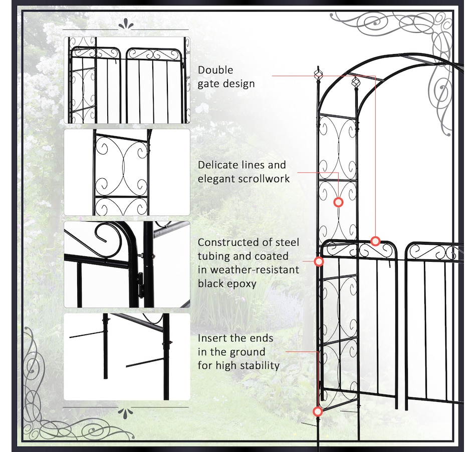 Image 969271_ALTMORE12.jpg, Product 969-271 / Price $104.99, Outsunny Metal Garden Arbor Arch with Scrollwork Doors from Outsunny on TSC.ca's Home & Garden department