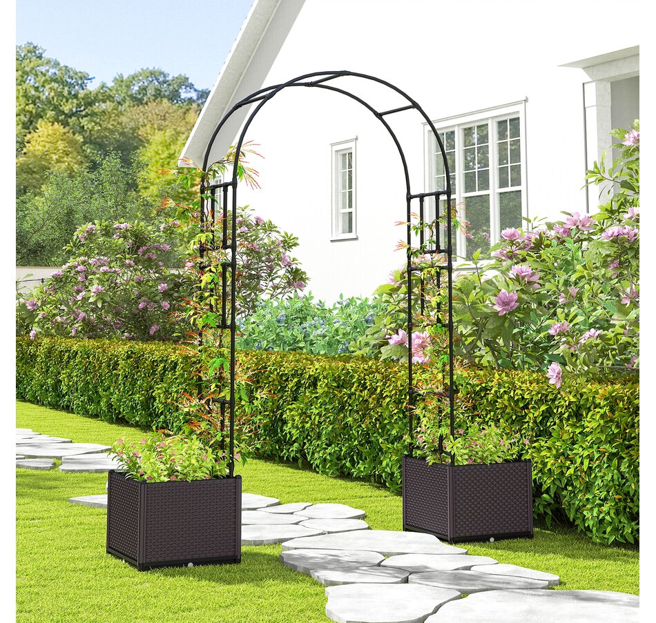 Outsunny 8ft Garden Arch with Two Planters Outdoor Steel Trellis Arbor ...
