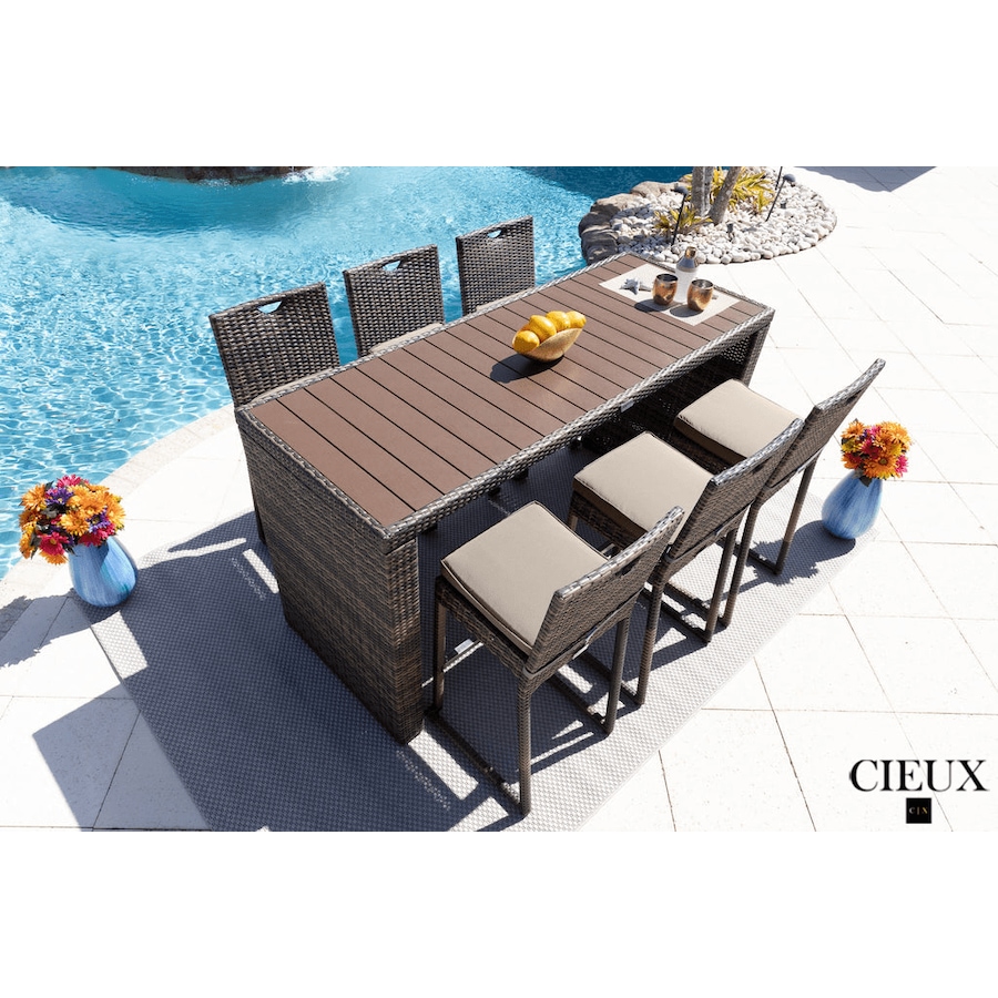 Image 969326.png, Product 969-326 / Price $1,679.99, CIEUX Valence Outdoor Patio Wicker Bar Table and 6 Chairs Set in Brown with Sunbrella Canvas Taupe Cushions from CIEUX on TSC.ca's Home & Garden department