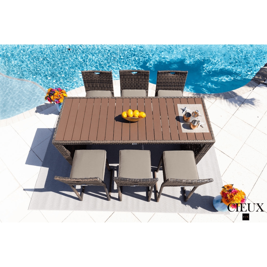 Image 969326_ALTMORE1.png, Product 969-326 / Price $1,679.99, CIEUX Valence Outdoor Patio Wicker Bar Table and 6 Chairs Set in Brown with Sunbrella Canvas Taupe Cushions from CIEUX on TSC.ca's Home & Garden department