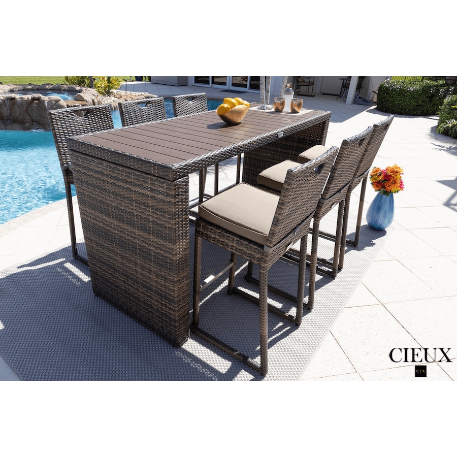 Image 969326_ALTMORE2.png, Product 969-326 / Price $1,679.99, CIEUX Valence Outdoor Patio Wicker Bar Table and 6 Chairs Set in Brown with Sunbrella Canvas Taupe Cushions from CIEUX on TSC.ca's Home & Garden department