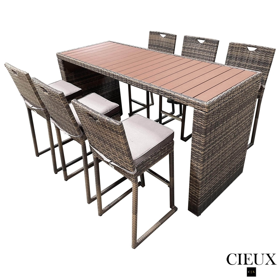 Image 969326_ALTMORE6.jpg, Product 969-326 / Price $1,679.99, CIEUX Valence Outdoor Patio Wicker Bar Table and 6 Chairs Set in Brown with Sunbrella Canvas Taupe Cushions from CIEUX on TSC.ca's Home & Garden department
