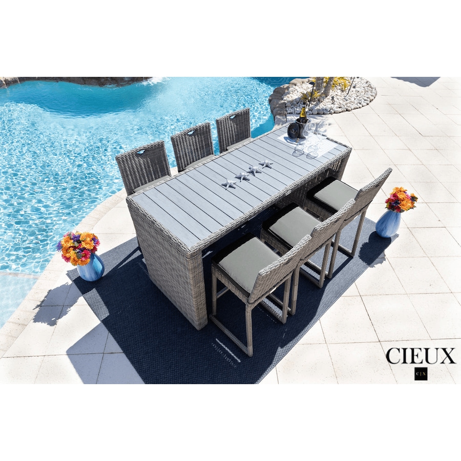 Image 969347.png, Product 969-347 / Price $1,679.99, CIEUX Riviera Outdoor Patio Wicker Bar Table and 6 Chairs Set in Grey with Sunbrella Canvas Charcoal Cushions from CIEUX on TSC.ca's Home & Garden department