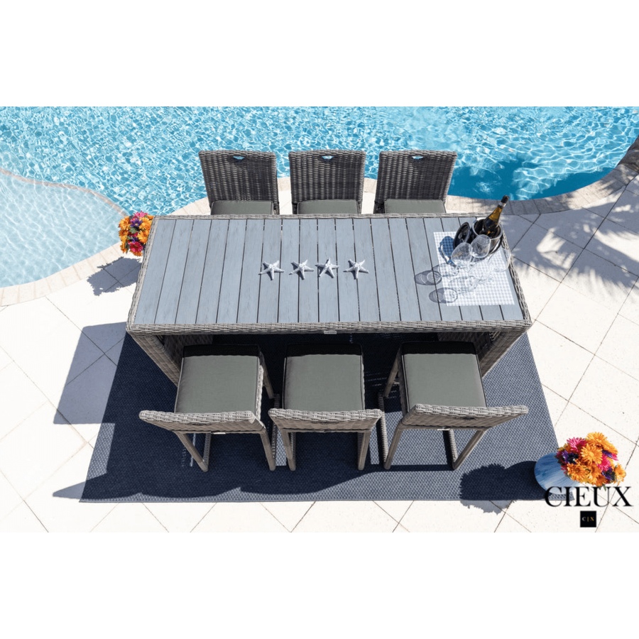 Image 969347_ALTMORE1.png, Product 969-347 / Price $1,679.99, CIEUX Riviera Outdoor Patio Wicker Bar Table and 6 Chairs Set in Grey with Sunbrella Canvas Charcoal Cushions from CIEUX on TSC.ca's Home & Garden department