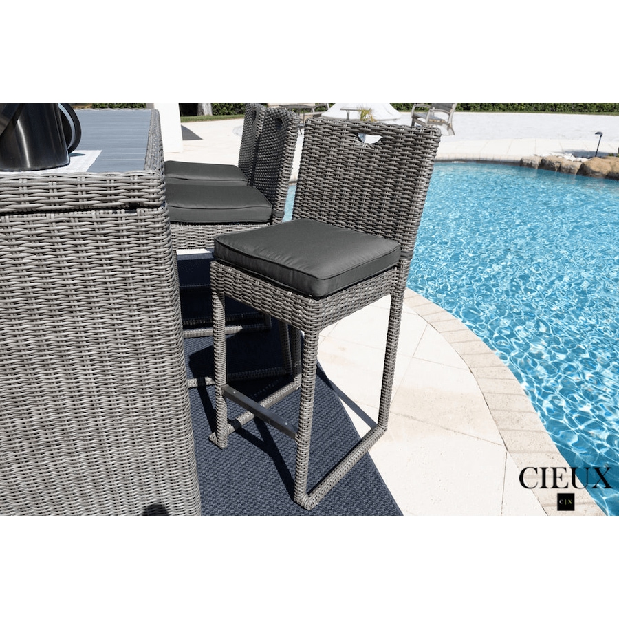 Image 969347_ALTMORE3.png, Product 969-347 / Price $1,679.99, CIEUX Riviera Outdoor Patio Wicker Bar Table and 6 Chairs Set in Grey with Sunbrella Canvas Charcoal Cushions from CIEUX on TSC.ca's Home & Garden department