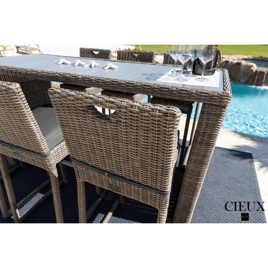 Image 969347_ALTMORE4.png, Product 969-347 / Price $1,679.99, CIEUX Riviera Outdoor Patio Wicker Bar Table and 6 Chairs Set in Grey with Sunbrella Canvas Charcoal Cushions from CIEUX on TSC.ca's Home & Garden department