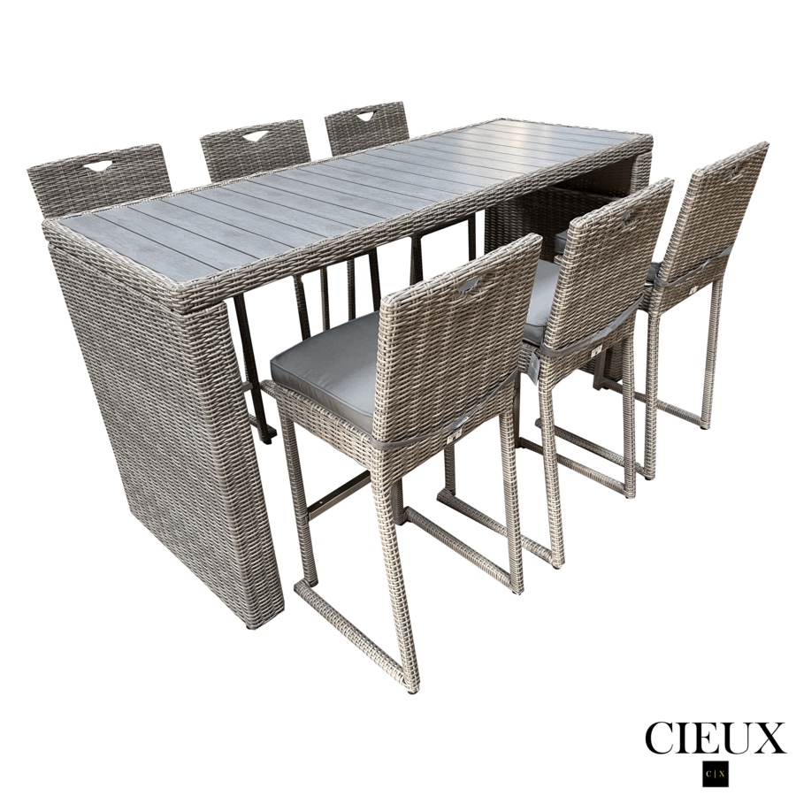 Image 969347_ALTMORE6.png, Product 969-347 / Price $1,679.99, CIEUX Riviera Outdoor Patio Wicker Bar Table and 6 Chairs Set in Grey with Sunbrella Canvas Charcoal Cushions from CIEUX on TSC.ca's Home & Garden department