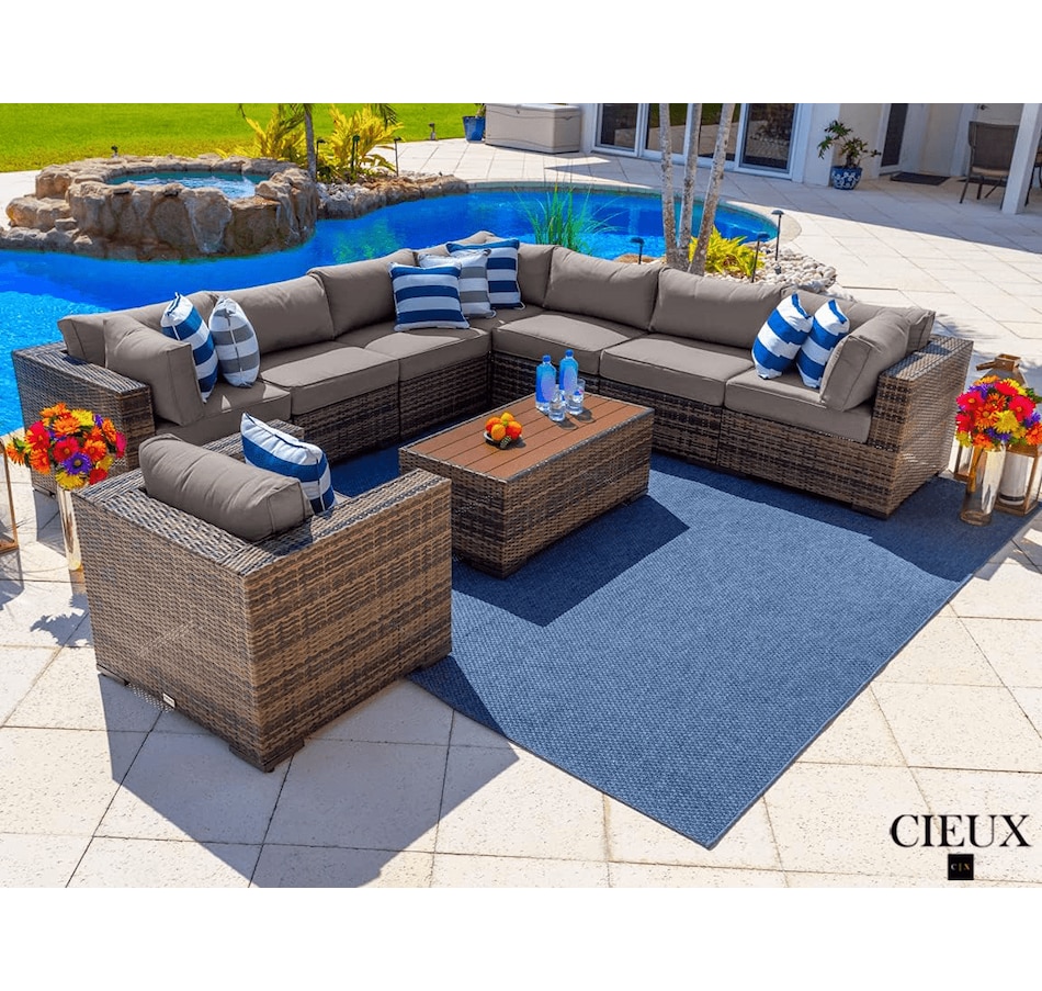 Image 969351.png, Product 969-351 / Price $4,669.99, CIEUX Valence Outdoor Patio Wicker Large Corner Sectional Sofa, Club Chair and Coffee Table Set in Brown with Sunbrella Canvas Taupe Cushions from CIEUX on TSC.ca's Home & Garden department