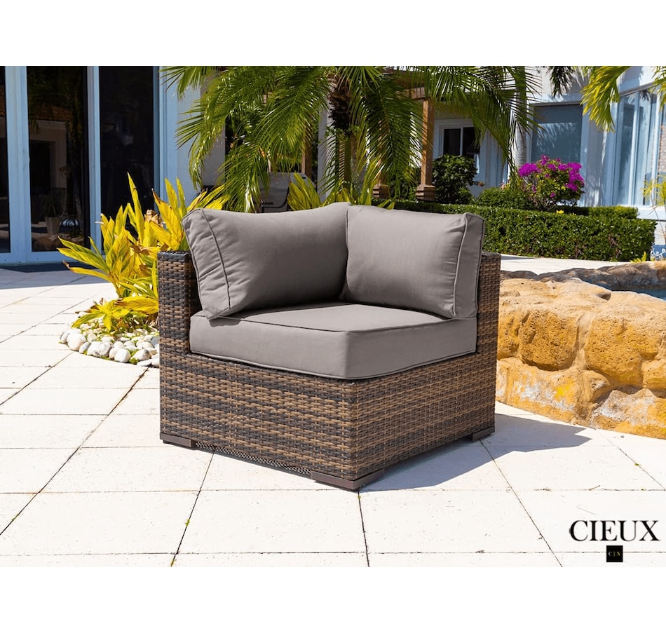 Image 969351_ALTMORE1.png, Product 969-351 / Price $4,669.99, CIEUX Valence Outdoor Patio Wicker Large Corner Sectional Sofa, Club Chair and Coffee Table Set in Brown with Sunbrella Canvas Taupe Cushions from CIEUX on TSC.ca's Home & Garden department