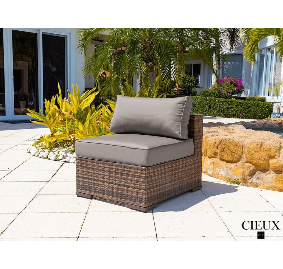 Image 969351_ALTMORE2.png, Product 969-351 / Price $4,669.99, CIEUX Valence Outdoor Patio Wicker Large Corner Sectional Sofa, Club Chair and Coffee Table Set in Brown with Sunbrella Canvas Taupe Cushions from CIEUX on TSC.ca's Home & Garden department