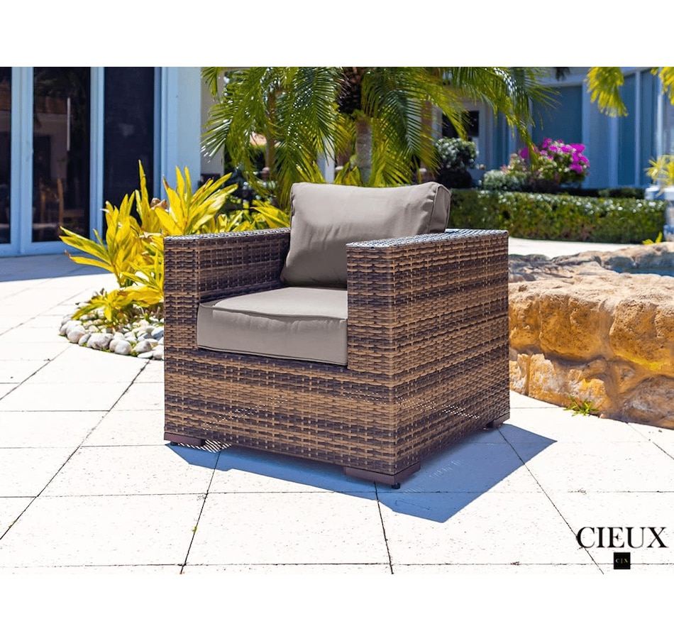 Image 969351_ALTMORE3.png, Product 969-351 / Price $4,669.99, CIEUX Valence Outdoor Patio Wicker Large Corner Sectional Sofa, Club Chair and Coffee Table Set in Brown with Sunbrella Canvas Taupe Cushions from CIEUX on TSC.ca's Home & Garden department