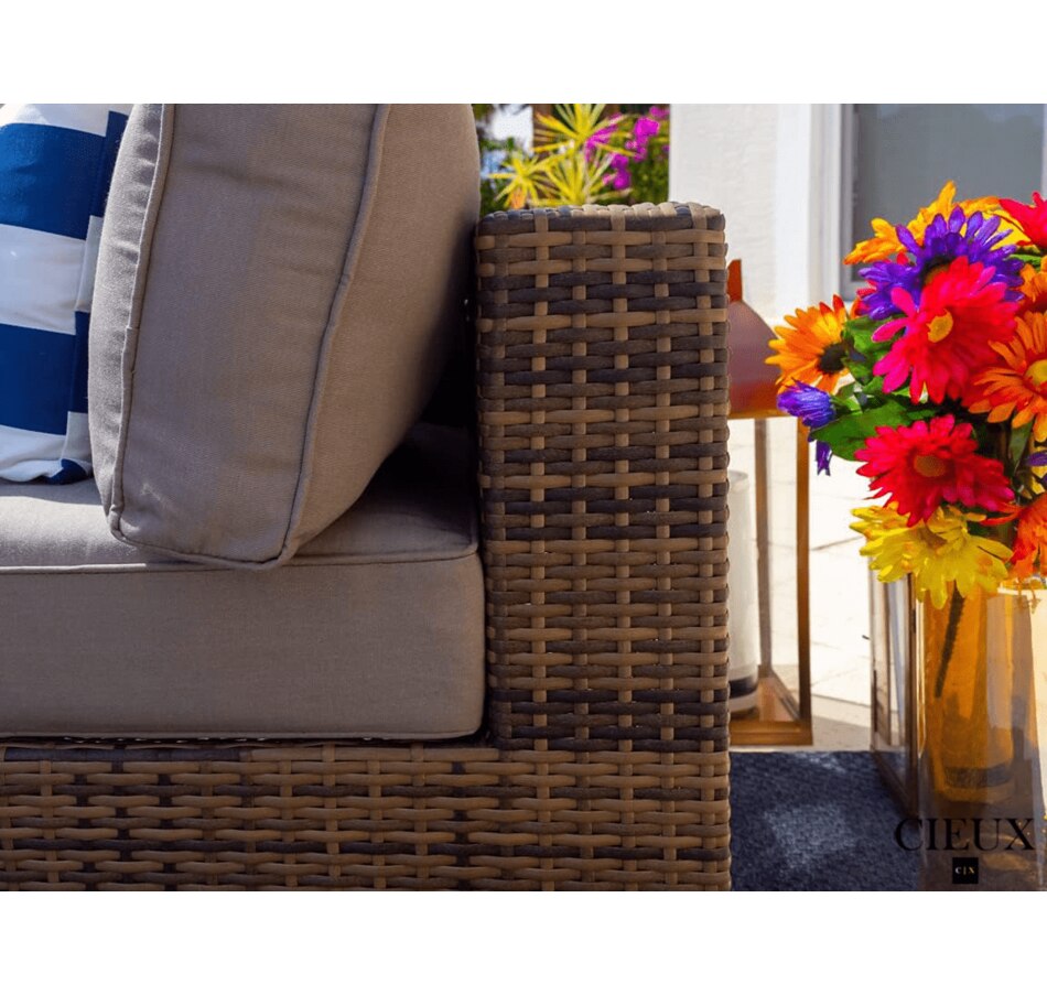 Image 969351_ALTMORE9.png, Product 969-351 / Price $4,669.99, CIEUX Valence Outdoor Patio Wicker Large Corner Sectional Sofa, Club Chair and Coffee Table Set in Brown with Sunbrella Canvas Taupe Cushions from CIEUX on TSC.ca's Home & Garden department
