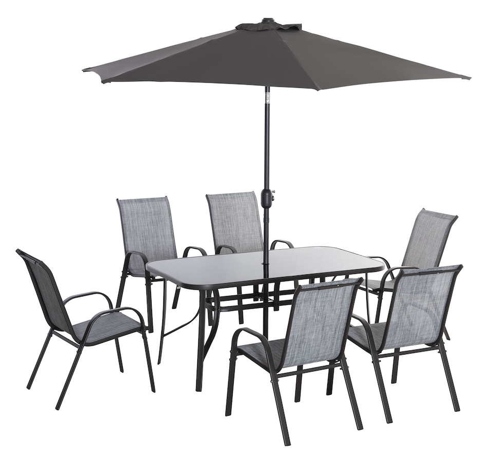 Image 969392.jpg, Product 969-392 / Price $489.99, Outsunny 8 Pieces Patio Dining Set with Umbrella, 6 Chairs and Table, Grey from Outsunny on TSC.ca's Home & Garden department