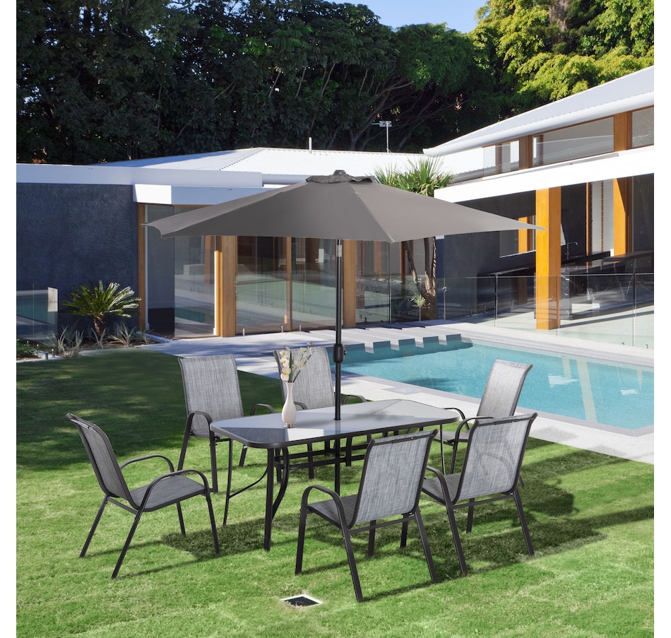 Image 969392_ALTMORE1.jpg, Product 969-392 / Price $489.99, Outsunny 8 Pieces Patio Dining Set with Umbrella, 6 Chairs and Table, Grey from Outsunny on TSC.ca's Home & Garden department