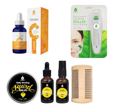 Pursonic Beard Care Grooming Kit, Micro Needle Derma Roller 0.5 mm, and Vitamin C Serum (3 fl. oz) Gift Bundle