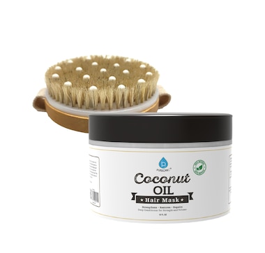 Hair Care and Massage Bundle: Bath Brush and Rubber Massager with Lotus wooden handle + 100% Natural Coconut Oil Hair Mask 10 Oz