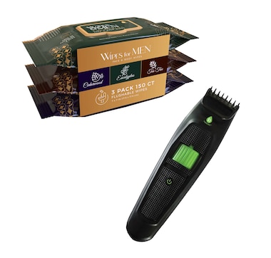 Pursonic Menâ€™s Refresh & Groom Kit: Cedarwood, Tea Tree & Eucalyptus Wipes + Rechargeable Beard & Body Trimmer