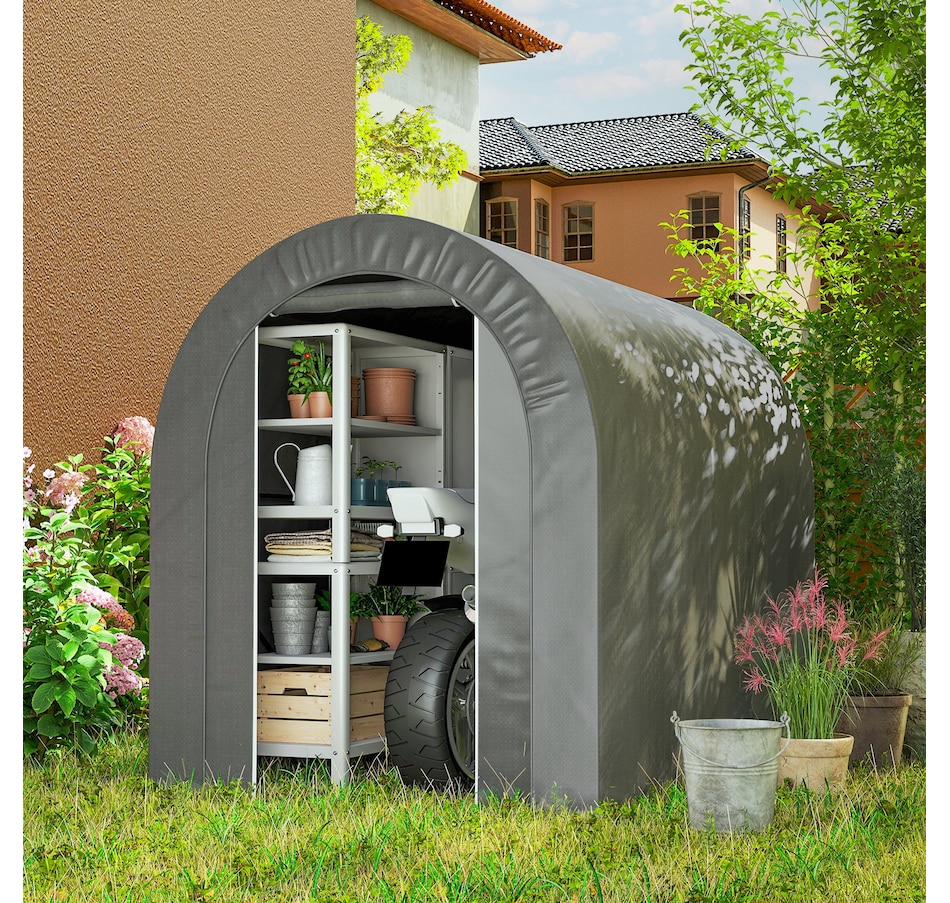 Image 976441_ALTMORE1.jpg, Product 976-441 / Price $160.99, Outsunny 5' x 8' Outdoor Storage Shed, Galvanised Steel Portable Bike Shed from Outsunny on TSC.ca's Home & Garden department