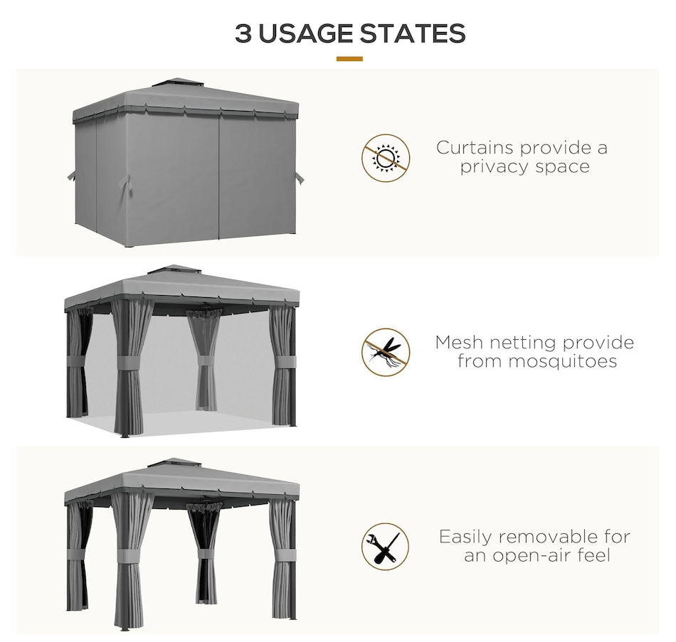 Image 976443_ALTMORE4.jpg, Product 976-443 / Price $349.99, Outsunny 10' x 10' 2-Tier Patio Gazebo with Mesh Sidewalls, Light Grey from Outsunny on TSC.ca's Home & Garden department