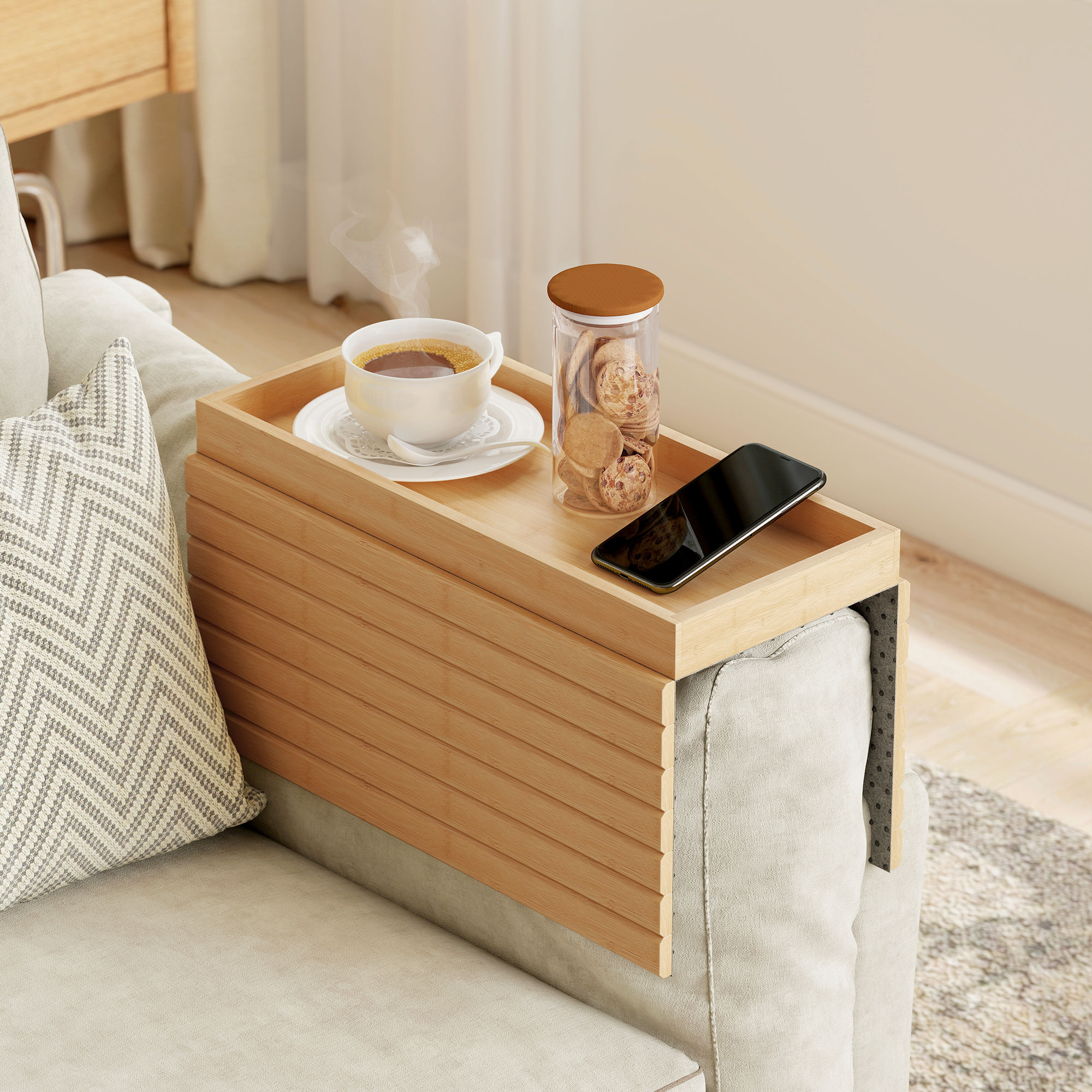 HOMCOM Foldable Sofa Armrest Tray, Bamboo Couch Arm Tray for