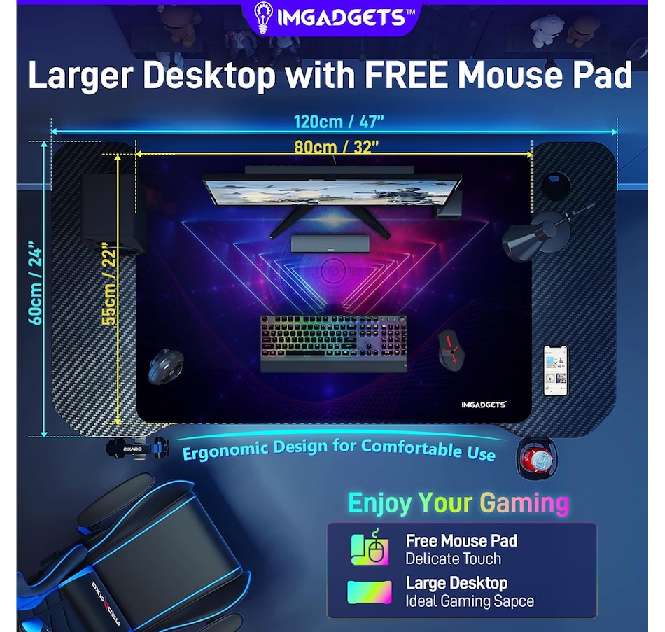 Image 976456_ALTMORE5.jpg, Product 976-456 / Price $149.99, IMGadgets 47"x24" Z-Shaped Gaming Desk with Dynamic LED lighting & Durable Mouse Pad from IMGadgets on TSC.ca's Home & Garden department