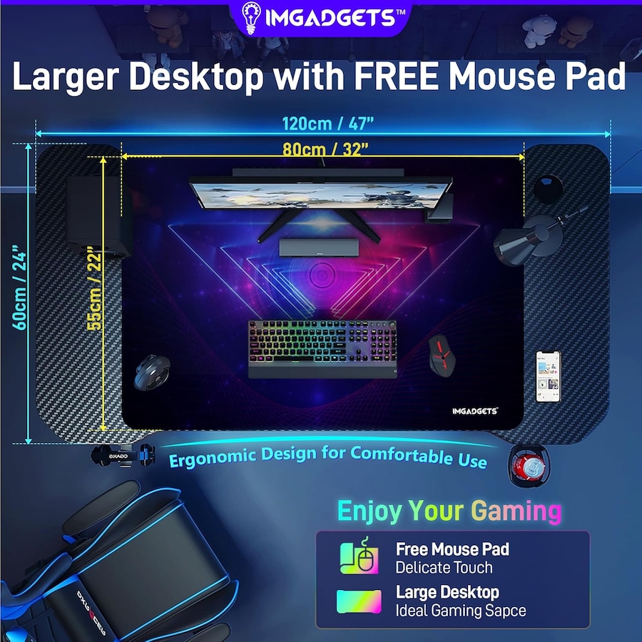 Image 976456_ALTMORE5.jpg, Product 976-456 / Price $129.99 - $149.99, IMGadgets 47"x24" Z-Shaped Gaming Desk with Dynamic LED lighting & Durable Mouse Pad from IMGadgets on TSC.ca's Home & Garden department