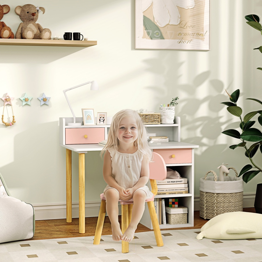 Image 976635_ALTMORE1.jpg, Product 976-635 / Price $140.82, Qaba 2 Pieces Kids Desk and Chair Set with Storage and Shelves, Pink from Qaba on TSC.ca's Home & Garden department