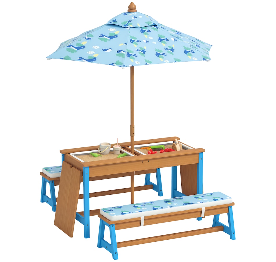 Image 976689.png, Product 976-689 / Price $179.99, Qaba Kids Picnic Table, Wooden Outdoor Table and Bench Set w/ Umbrella Blue from Qaba on TSC.ca's Home & Garden department