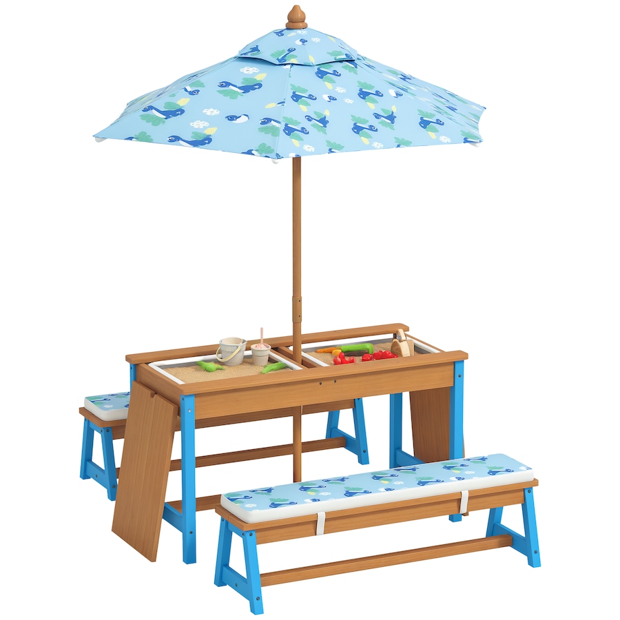 Image 976689.png, Product 976-689 / Price $179.99, Qaba Kids Picnic Table, Wooden Outdoor Table and Bench Set w/ Umbrella Blue from Qaba on TSC.ca's Home & Garden department