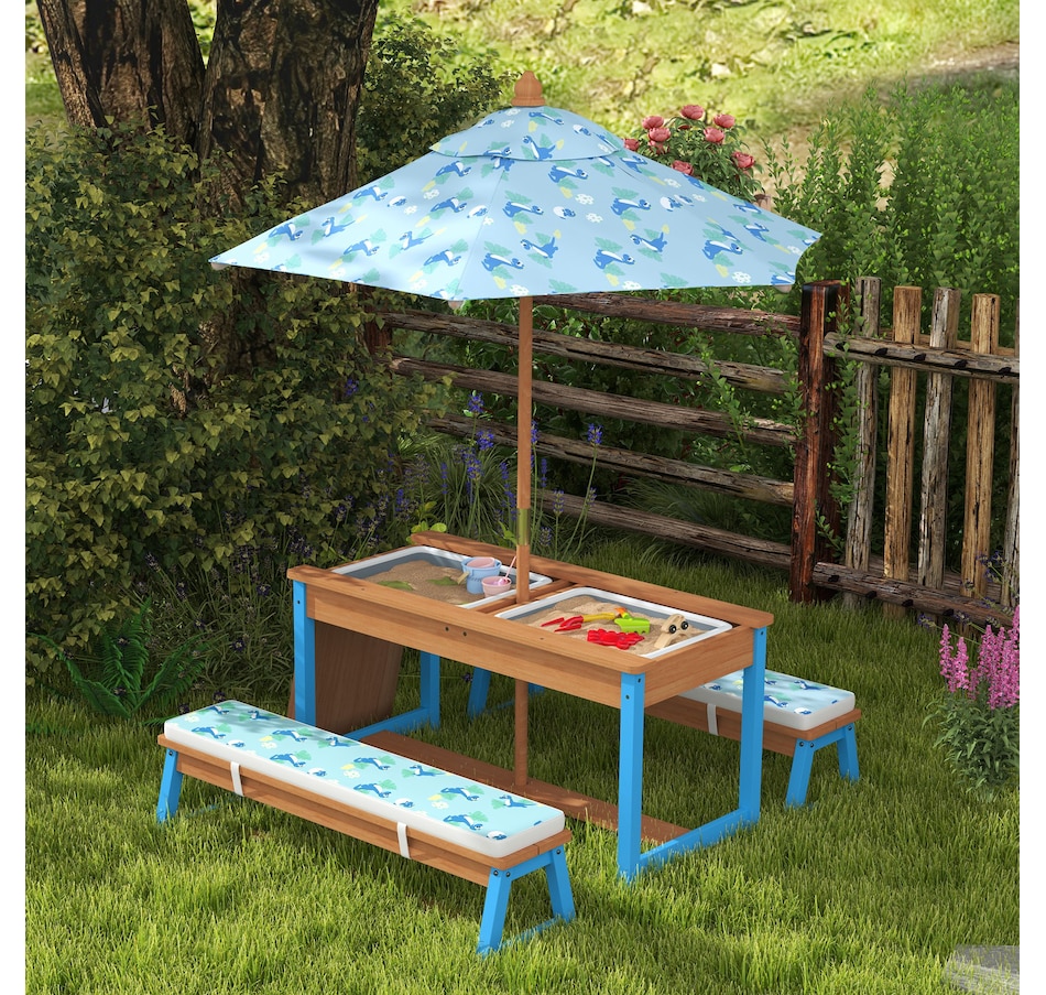 Image 976689_ALTMORE1.jpg, Product 976-689 / Price $179.99, Qaba Kids Picnic Table, Wooden Outdoor Table and Bench Set w/ Umbrella Blue from Qaba on TSC.ca's Home & Garden department