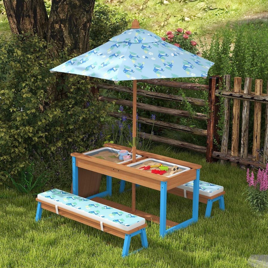 Image 976689_ALTMORE1.jpg, Product 976-689 / Price $179.99, Qaba Kids Picnic Table, Wooden Outdoor Table and Bench Set w/ Umbrella Blue from Qaba on TSC.ca's Home & Garden department