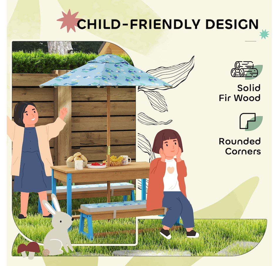 Image 976689_ALTMORE5.jpg, Product 976-689 / Price $179.99, Qaba Kids Picnic Table, Wooden Outdoor Table and Bench Set w/ Umbrella Blue from Qaba on TSC.ca's Home & Garden department