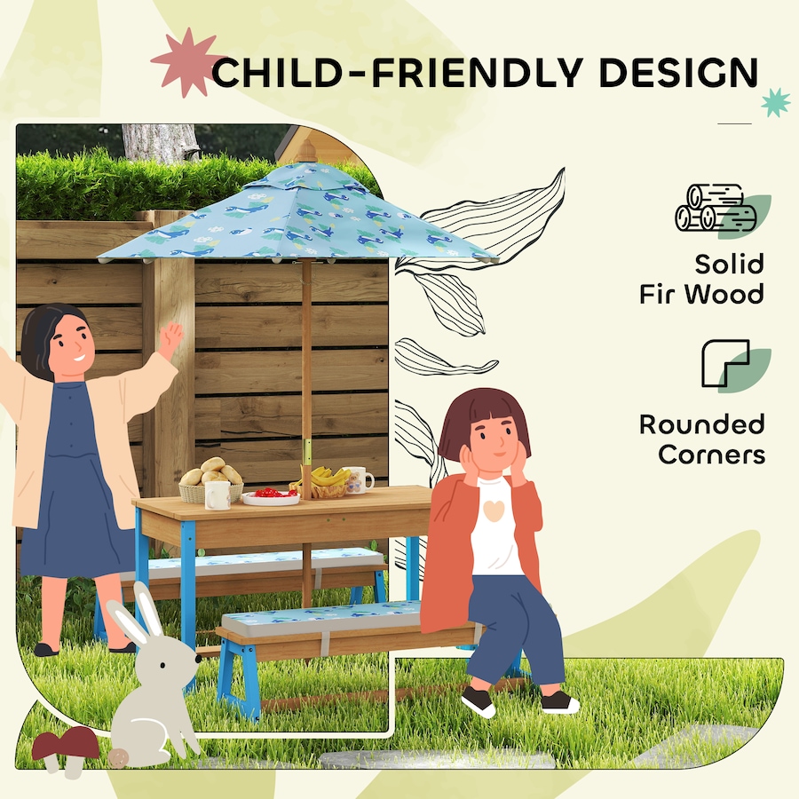 Image 976689_ALTMORE5.jpg, Product 976-689 / Price $179.99, Qaba Kids Picnic Table, Wooden Outdoor Table and Bench Set w/ Umbrella Blue from Qaba on TSC.ca's Home & Garden department