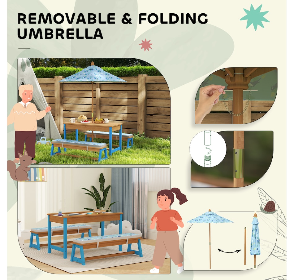 Image 976689_ALTMORE6.jpg, Product 976-689 / Price $179.99, Qaba Kids Picnic Table, Wooden Outdoor Table and Bench Set w/ Umbrella Blue from Qaba on TSC.ca's Home & Garden department