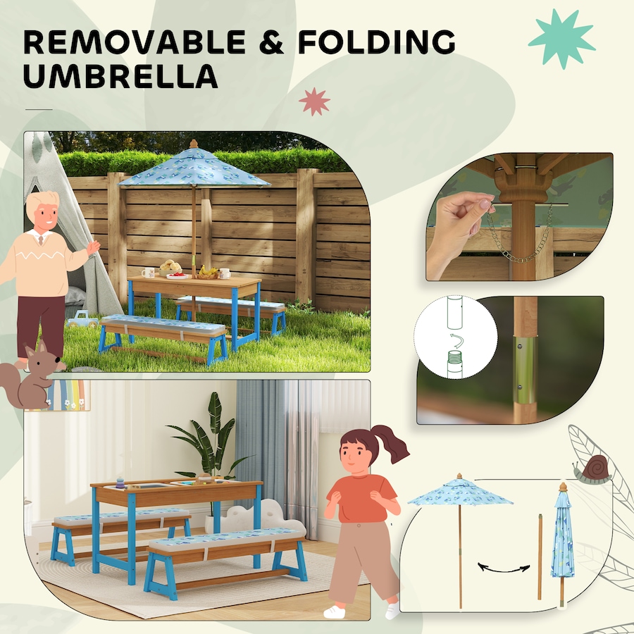 Image 976689_ALTMORE6.jpg, Product 976-689 / Price $179.99, Qaba Kids Picnic Table, Wooden Outdoor Table and Bench Set w/ Umbrella Blue from Qaba on TSC.ca's Home & Garden department