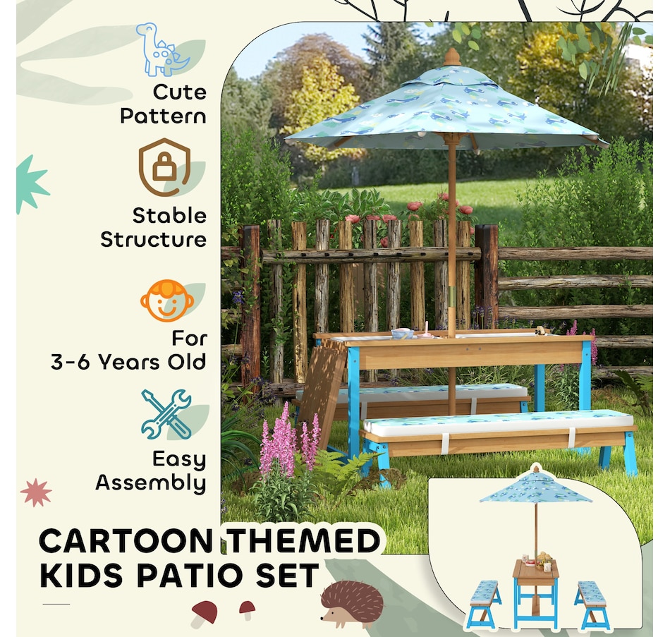 Image 976689_ALTMORE7.jpg, Product 976-689 / Price $179.99, Qaba Kids Picnic Table, Wooden Outdoor Table and Bench Set w/ Umbrella Blue from Qaba on TSC.ca's Home & Garden department