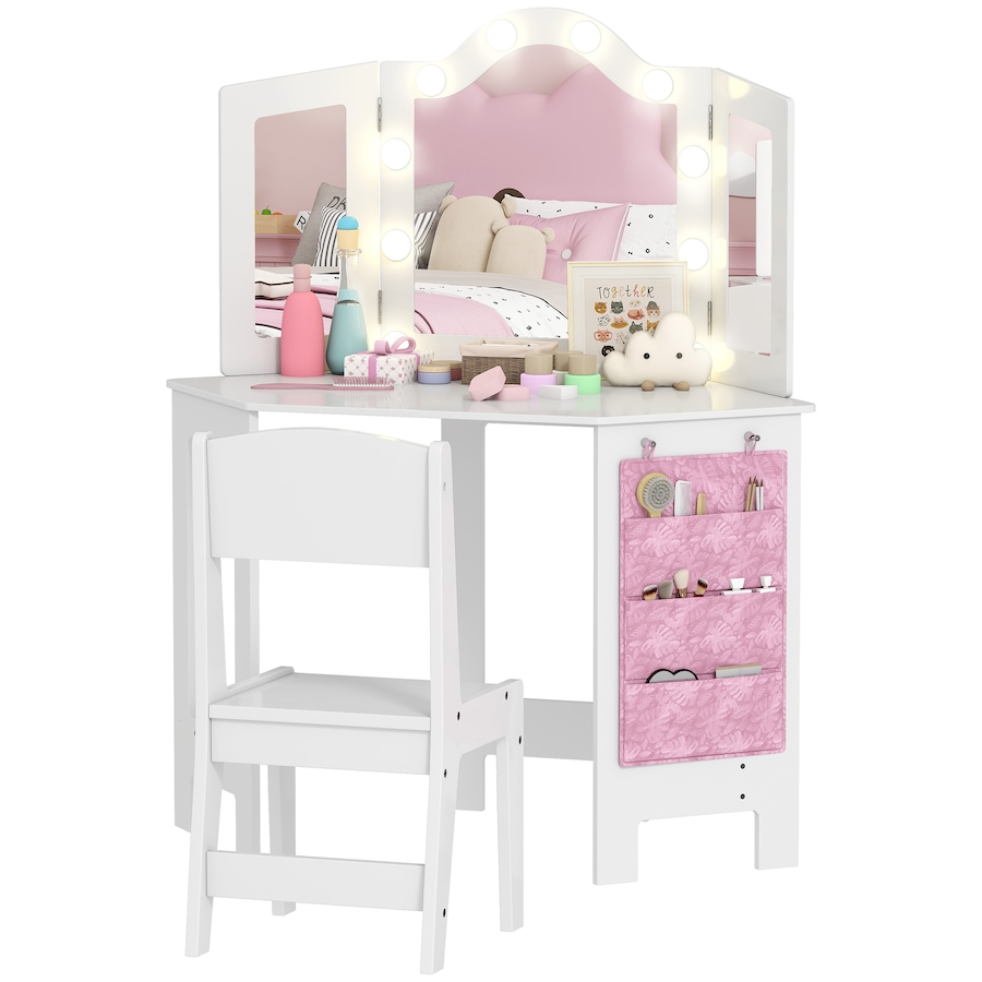 Image 976701.jpg, Product 976-701 / Price $146.99, Qaba Kids Vanity Table and Chair Set with Lights and Tri-Fold Mirror White from Qaba on TSC.ca's Home & Garden department