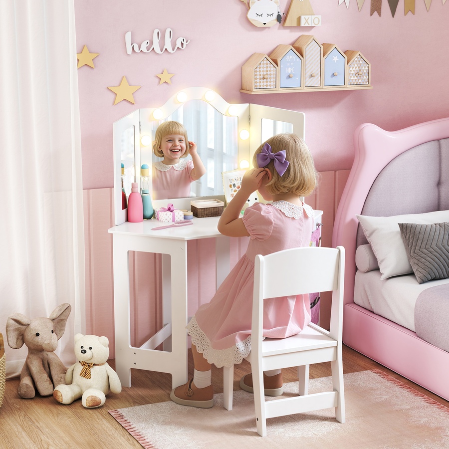 Image 976701_ALTMORE1.jpg, Product 976-701 / Price $146.99, Qaba Kids Vanity Table and Chair Set with Lights and Tri-Fold Mirror White from Qaba on TSC.ca's Home & Garden department