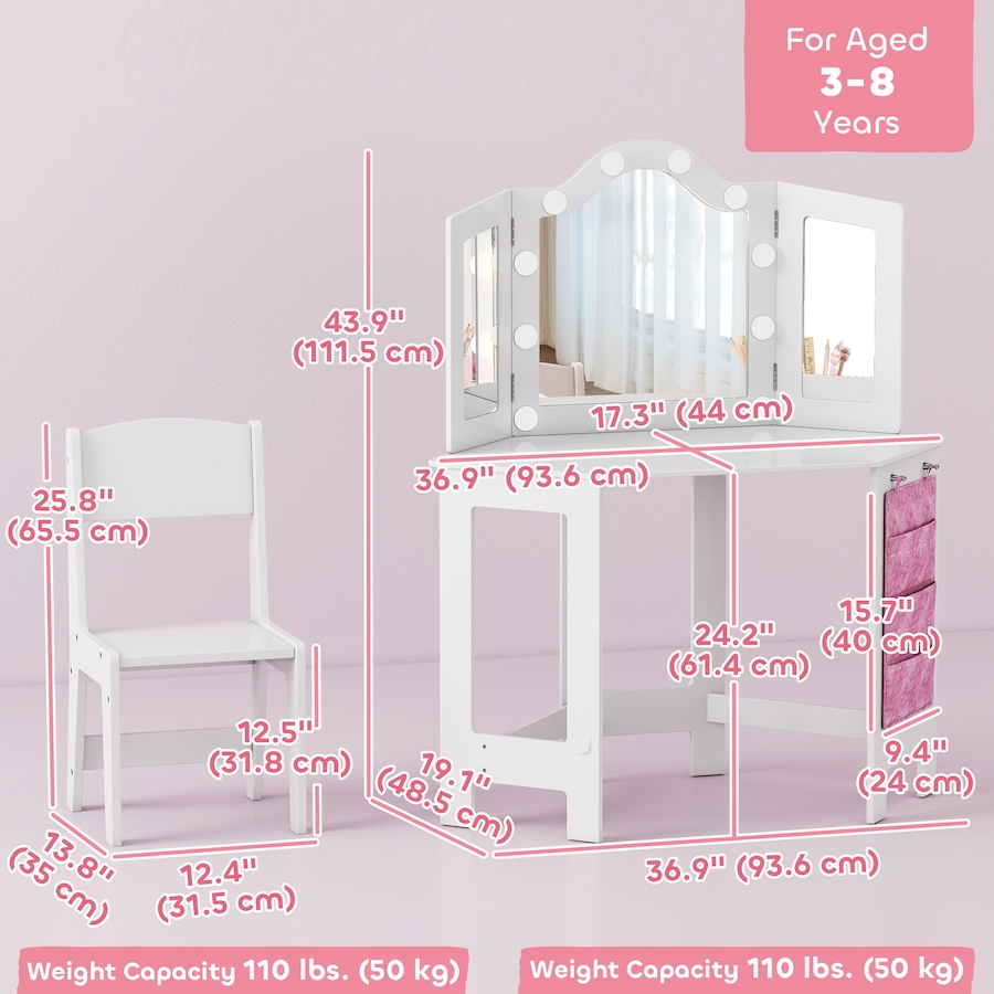 Image 976701_ALTMORE2.jpg, Product 976-701 / Price $146.99, Qaba Kids Vanity Table and Chair Set with Lights and Tri-Fold Mirror White from Qaba on TSC.ca's Home & Garden department