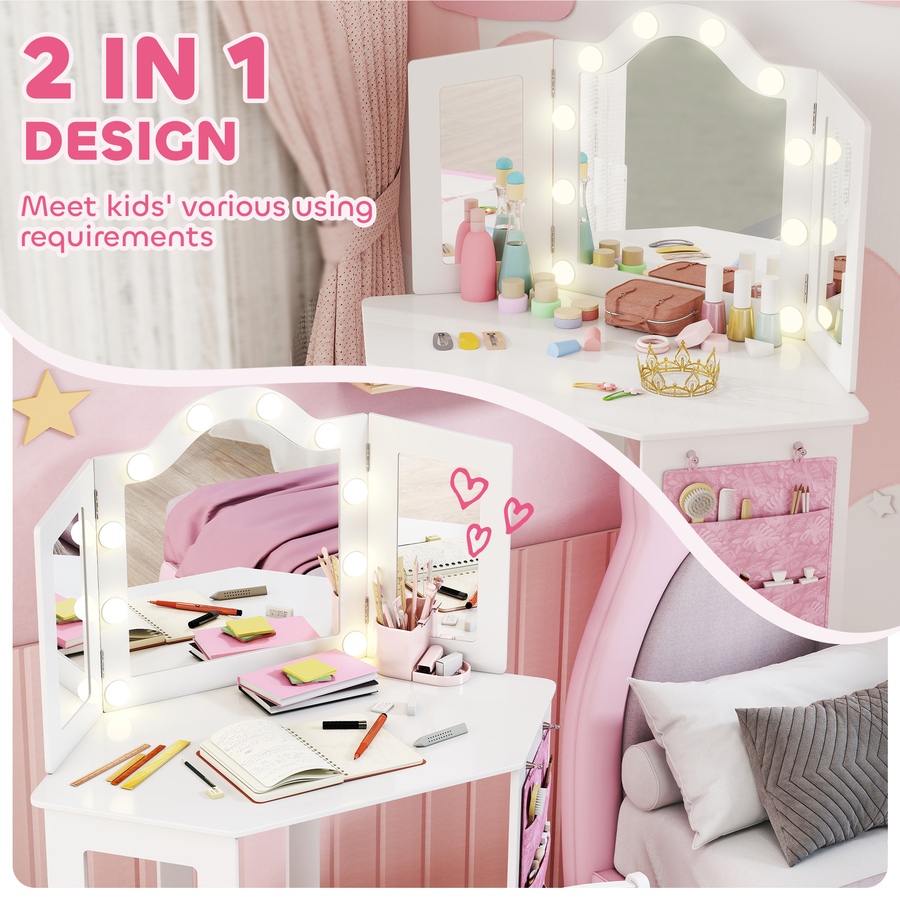 Image 976701_ALTMORE3.jpg, Product 976-701 / Price $146.99, Qaba Kids Vanity Table and Chair Set with Lights and Tri-Fold Mirror White from Qaba on TSC.ca's Home & Garden department