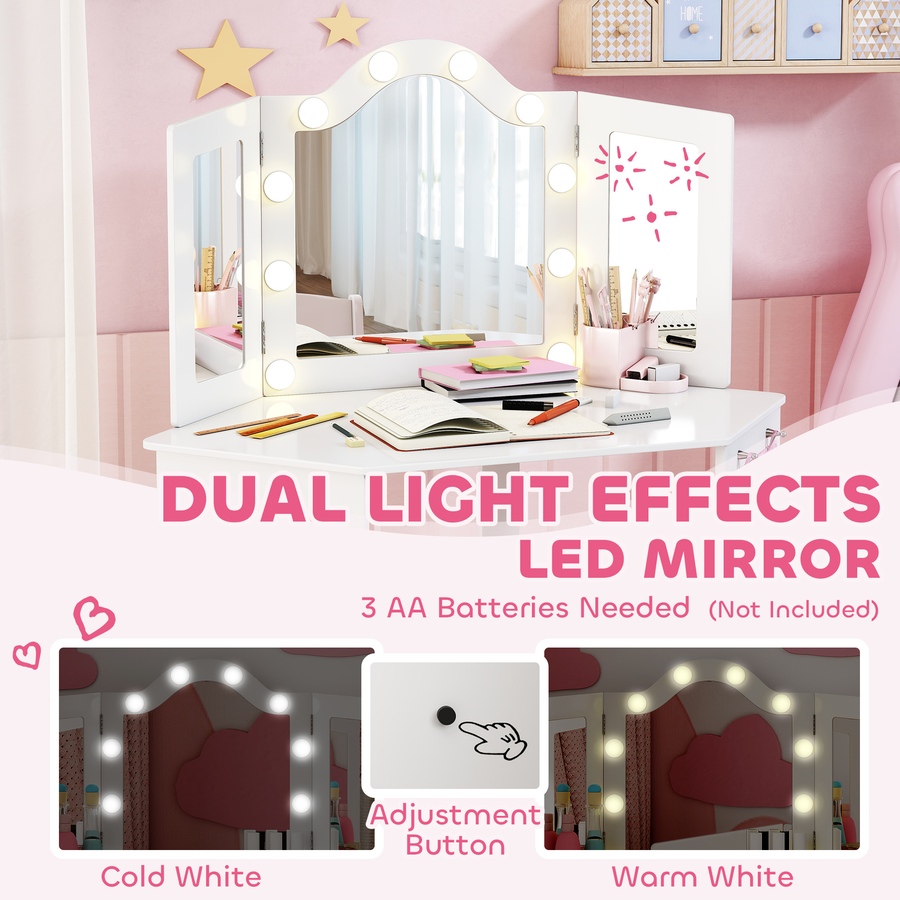 Image 976701_ALTMORE4.jpg, Product 976-701 / Price $146.99, Qaba Kids Vanity Table and Chair Set with Lights and Tri-Fold Mirror White from Qaba on TSC.ca's Home & Garden department